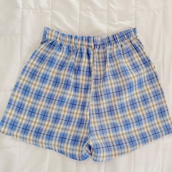 High Waist Shorts Tailored Blue Plaid Pleated Front Pockets Shorts Size L - Picture 3 of 5